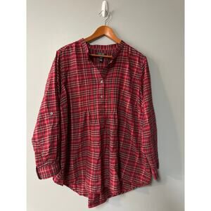 Lands’ End Red Plaid Flannel Tunic Shirt Women’s Plus 24W Button Henley Top